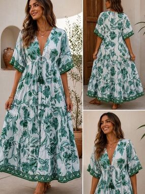 Haute Hippie Style Green Floral Boho Maxi Dress Tiered Tassel Tie XL